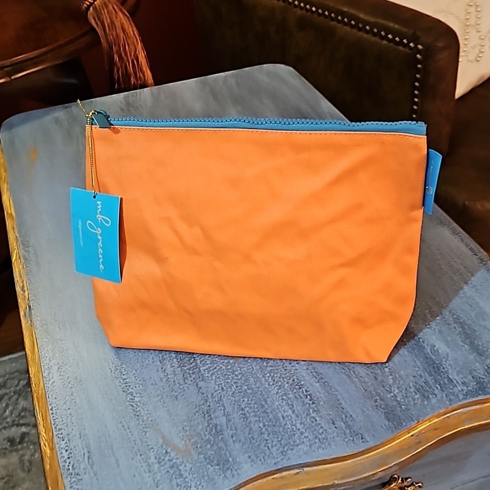 NWT M.B. Greene Large Waxed Canvas Cosmetic Bag Orange Blue Clear Lined
